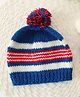 Woonie Hand Knitted  Striped &  Pom Pom Detailed  Cap - Blue-  Diameter-41cms