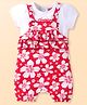Babyhug Single Jersey Knit Floral Printed Dungaree & Half Sleeves Text Printed Top Set - White & Red