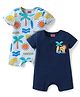 Babyhug 100% Cotton Knit Half Sleeves Rompers with Tropical Beach Theme Print Pack of 2 - Light & Navy Blue