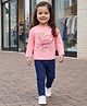 Babyhug Terry Knit Full Sleeves Top & Solid Denim Jeans Set With Floral & Text Print - Pink & Blue