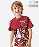 Pine Kids Disney Cotton Knit Cut & Sew Half Sleeve Oversize Drop Shoulder T-Shirt With Mickey Mouse Graphics & Badge Detailing - Red
