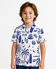 Pine Kids Cotton Knit Half Sleeves Polo T-Shirt with Beach Theme Print - White & Blue