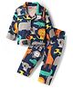 Babyhug Cotton Knit Full Sleeves Front Open Co-ord Night Suit with Animal Print - Navy Blue