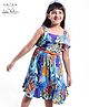 Arias Rayon Woven Singlet Sleeves Tropical Theme Printed Dress with Smocking & Frill Detailing - Blue