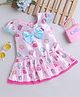 Many frocks & Christmas Theme Satin Cap Sleeves Bow Applique Detailed & Gifts Printed Dress - Pink
