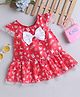 Many frocks & Christmas Theme Satin Cap Sleeves Bow Applique Detailed & Gifts Printed Dress - Red
