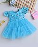 Many frocks & Net Half Puffed Sleeves Floral Applique Detailed & Foil Printed Dress - Blue
