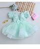 Many frocks & Net Half Puffed Sleeves Pearls Embellished & Bow Applique Detailed Dress - Green
