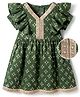 Earthy Touch Single Jersey Knit Flutter Sleeves Printed Ethnic Dress - Olive Green