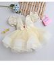 Many frocks & Net Half Puffed Sleeves Pearls Embellished & Bow Applique Detailed Dress - Cream