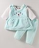 Mom's pet Bear Face Embroidered Dungaree Dress With Full Sleeves Solid Top & Leggings Set - Light Green