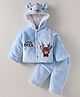 Mom's pet Fur Full Sleeves Deer Embroidered Hooded Jacket With Pant - Blue