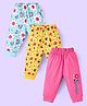 Doodle Poodle Cotton Knit Full Length Lounge Pants with Floral Print Pack of 3 - Light Blue Yellow & Dark Pink