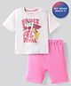 Bonfino 100% Cotton Knit Half Drop Shoulder Sleeves Oversized T-Shirt & Shorts Set with Fruits Print - Ivory & Pink