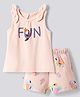 Bonfino Cotton Knit Sleeveless Top & Shorts Set with Birds Print & Bow Applique - Light Pink