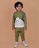 Mama & Peaches Cotton Knitted Full Sleeves Kitten Designed Tee & Pant Set - Green