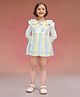 TOONYPORT Cotton Blend Three Fourth Sleeves Striped Dress With Attached Dungaree - Blue