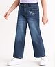 Pine Kids Denim Washed Full Length Jeans With Floral Embroidery - Navy Blue