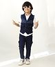 DOTSON Denim Half Sleeves Abstract Typography Printed & Placement Striped Shirt Cargo Pants With Jacket Set - White