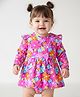 Babyhug Interlock Knit Full Sleeves Frock Style Onesie With Floral Print & Bow Applique - Fuchsia