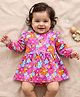Babyhug Interlock Knit Full Sleeves Frock Style Onesie With Floral Print & Bow Applique - Fuchsia