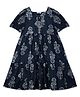 melon Cotton Puff Sleeves Motif Printed Dress - Airforce Blue