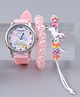 Pine Kids Analog Watch Unicorn Print With Beaded Bracelet Set - Pink