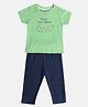 MINI KLUB Cotton Half Sleeves Playful Little Monsters Text Printed Tee With Pant Set - Green & Blue