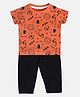 MINI KLUB Cotton Half Sleeves Wild Animals Printed Tee With Pant Set - Orange & Black