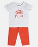 MINI KLUB Cotton Half Sleeves Here Comes Fun Text Printed Tee With Pant Set - White & Orange