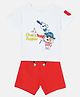 MINI KLUB Cotton Half Sleeves Dog & Bird Printed Tee & Shorts Set - White & Red