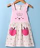 Doreme Single Jersey Knit  Sleeveless Frock With Bear Print & Ear Applique - Pink & White