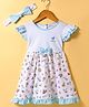 Doreme Single Jersey Knit Frill Sleeves Floral Print Frock with Bow Applique & Headband - Light Blue & White