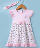 Doreme Single Jersey Knit Frill Sleeves Floral Print Frock with Bow Applique & Headband - Pink & White
