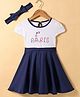 Doreme Single Jersey Half Sleeves Frocks with Bow Hair Band  - White & Navy Blue