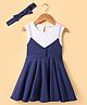 Doreme Single Jersey Sleeveless Frocks with Bow Hair Band  - White & Navy Blue