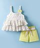 Tweetoons Cotton Woven Sleeveless Top & Shorts Set With Floral Print & Bow Applique - White & Yellow
