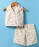 Tweetoons Woven Sleeveless Top & Shorts Set with Leaf Print & Bow Applique - White & Grey