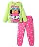 Pine Kids Disney Single Jersey Knit Full Sleeves Night Suit With Minnie Mouse Graphic -  Green & Pink