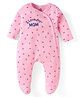 Doodle Poodle Cotton Knit Full Sleeves Footed Sleep Suit With Text & Floral Print - Pink