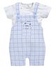 BABY GO Cotton Half Sleeves Bear Printed & Embroidered Checked Dungaree With Tee - Sky Blue