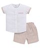 BABY GO Cotton Half Sleeves Cut & Sew Shirt Style Top With Striped Shorts Set - Beige