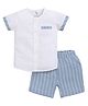 BABY GO Cotton Half Sleeves Cut & Sew Shirt Style Top With Striped Shorts Set - Blue
