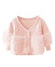 Little Surprise Box Cotton Knitted Full Puffed Sleeves Fur Detailed & Abstract Embroidered Cardigan - Peach