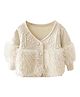 Little Surprise Box Cotton Knitted Full Puffed Sleeves Fur Detailed & Abstract Embroidered Cardigan - Cream