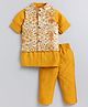 LITTLE COLLARS Silk Full Sleeves Floral Printed & Embroidered Kurta Pyjama With Jacket Set - Mustard Yellow