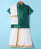 Dapper Dudes Cotton Silk Half Sleeves Solid Shirt & Mundu With Angavastram Set - Dark Green