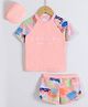 Mark & Mia Half Raglan Sleeves Two Piece Swimsuit with Cap & Text Print - Peach