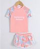 Mark & Mia Half Raglan Sleeves Two Piece Swimsuit with Swimming Athlete Text Print - Pink