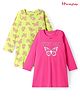 Honeyhap Premium Cotton Knit With Bio Finish Full Sleeves Nighties With Butterfly Print Pack of 2 - Wild Lime & Fandango Pink